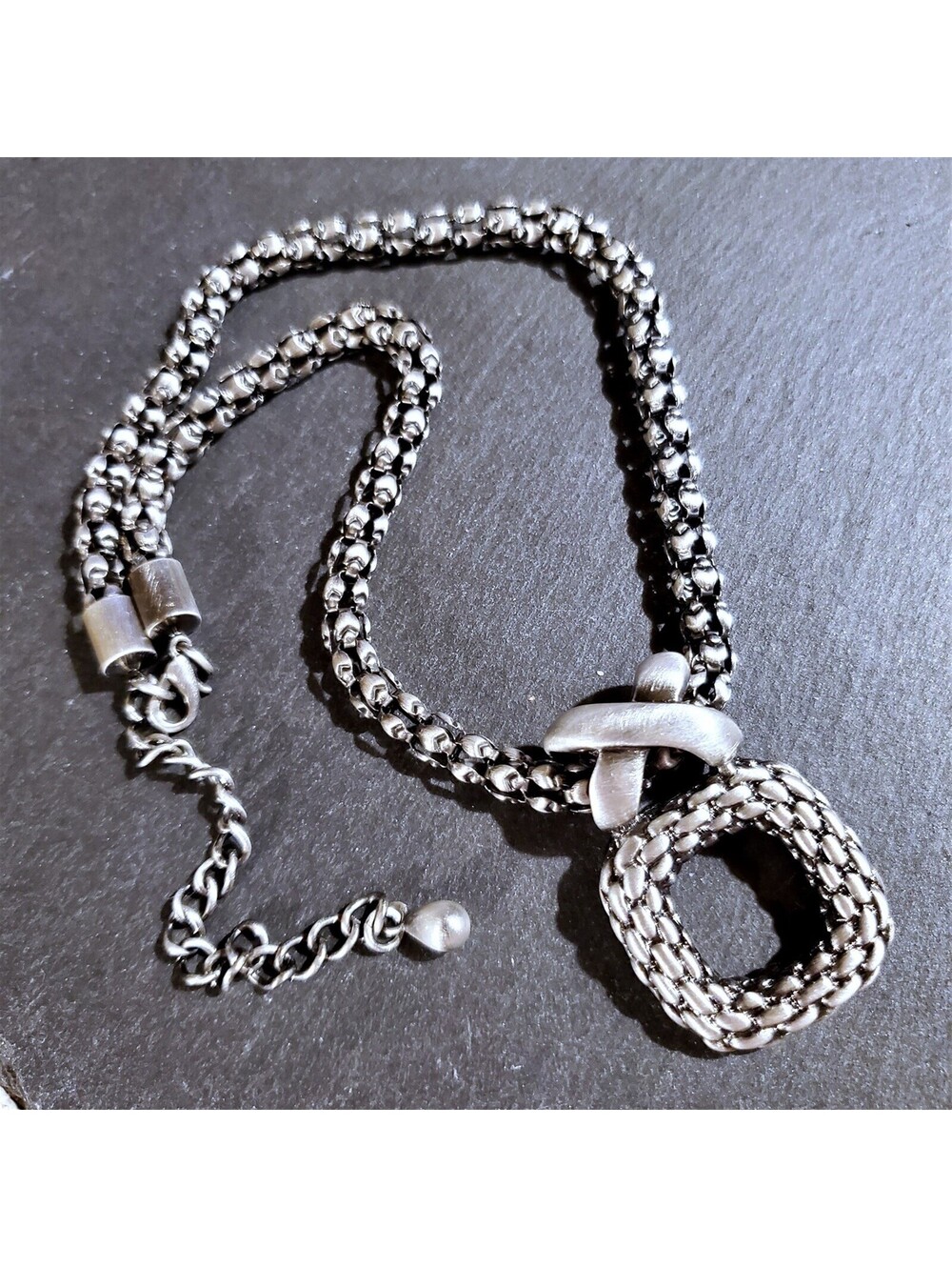 Bold Modernist Antique Silver Braided Criss Cross Square Pendant Necklace - Picture 3 of 7